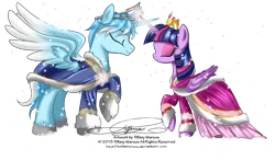 Size: 1200x699 | Tagged: safe, artist:tiffanymarsou, derpibooru import, twilight sparkle, twilight sparkle (alicorn), oc, oc:blayze, alicorn, pony, alicorn oc, canon x oc, clothes, dress, shipping, snow, snowfall, unshorn fetlocks