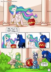 Size: 955x1351 | Tagged: safe, artist:mysticalpha, derpibooru import, princess celestia, princess luna, alicorn, pony, comic:day in the lives of the royal sisters, armor, bush, chamber pot, comic, crown, dialogue, dock, eyes closed, female, frown, horseshoes, jewelry, levitation, magic, magic in a jar, male, mare, open mouth, peytral, plot, potion, pouring, raised hoof, raised leg, regalia, royal guard, sitting, smiling, speech bubble, stallion, telekinesis, toilet humor, toilet paper, walking, wat, water, wavy mouth, wide eyes