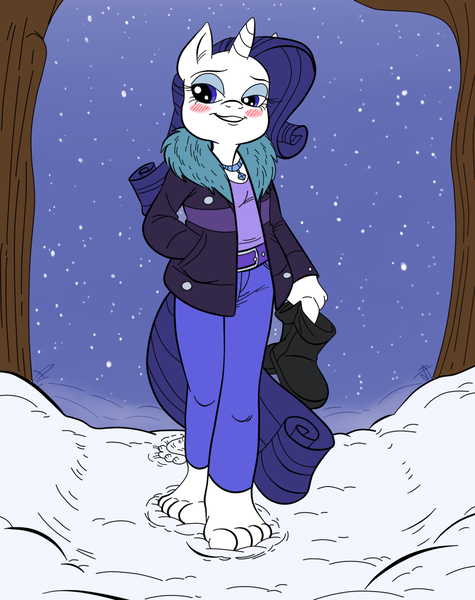 Size: 960x1212 | Tagged: anthro, artist:ced75, artist:kuroi-wolf, barefoot, blushing, derpibooru import, feet, plantigrade anthro, rarity, safe, smug, snow, snowfall, solo, winter outfit