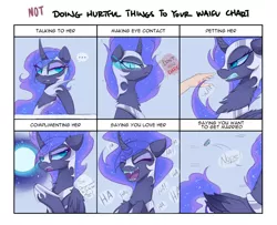 Size: 1024x832 | Tagged: safe, artist:magnaluna, derpibooru import, nightmare moon, human, pony, ..., angry, chest fluff, cute, denied, doing loving things, ethereal mane, eye clipping through hair, eyes closed, female, galaxy mane, hand, laughing, mare, meme, moonabetes, neck fluff, open mouth, reality ensues, rejected, rejection, sombra eyes, subverted meme, waifu