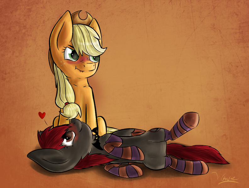 Size: 1000x758 | Tagged: safe, artist:wave-realm, derpibooru import, applejack, oc, oc:spiral night, canon x oc, clothes, female, male, shipping, socks, straight, striped socks