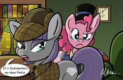 Size: 1450x950 | Tagged: artist:fujuzakinc, derpibooru import, dialogue, maud pie, pinkie pie, rock pun, safe, sherlock holmes, wrong cutie mark