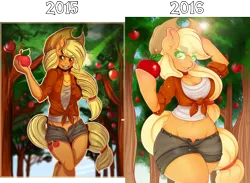 Size: 2400x1760 | Tagged: suggestive, artist:lovepuma69, derpibooru import, applejack, anthro, earth pony, 2015, 2016, apple, apple tree, arm hooves, belly button, clothes, comparison, cutie mark, draw this again, female, food, front knot midriff, grin, midriff, redraw, shirt, shorts, solo, solo female, tanktop, tree, unbuttoned