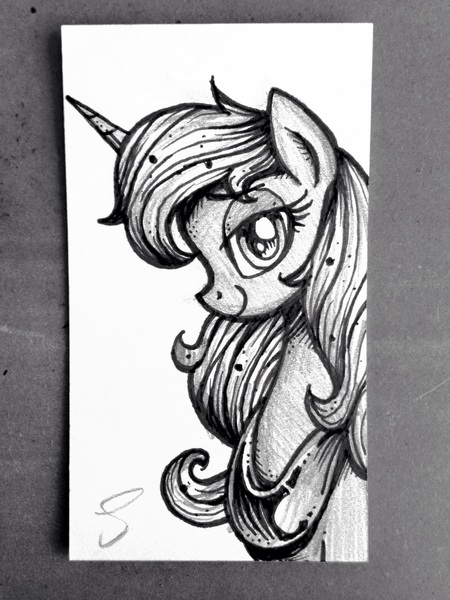 Size: 2448x3264 | Tagged: safe, artist:selenophile, derpibooru import, princess luna, alicorn, pony, beautiful, bedroom eyes, business card, bust, female, horn, jewelry, looking at you, mare, monochrome, pen and ink, pen drawing, portrait, profile, regalia, smiling, solo, traditional art, trafitional art