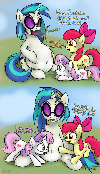Size: 1096x1918 | Tagged: questionable, semi-grimdark, artist:variant, derpibooru import, apple bloom, scootaloo, sweetie belle, vinyl scratch, earth pony, pegasus, unicorn, belly, burp, cutie mark, cutie mark crusaders, death, dialogue, digestion, female, fetish, filly, irrational exuberance, onomatopoeia, smiling, stomach noise, the cmc's cutie marks, vinyl pred, vore, willing vore