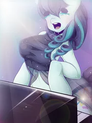 Size: 1200x1600 | Tagged: suggestive, artist:lovepuma69, derpibooru import, coloratura, anthro, earth pony, the mane attraction, arm hooves, breasts, busty coloratura, clothes, crying, cute, cutie mark, dress, female, piano, rara, singing, smiling, solo, solo female, tears of joy, the magic inside