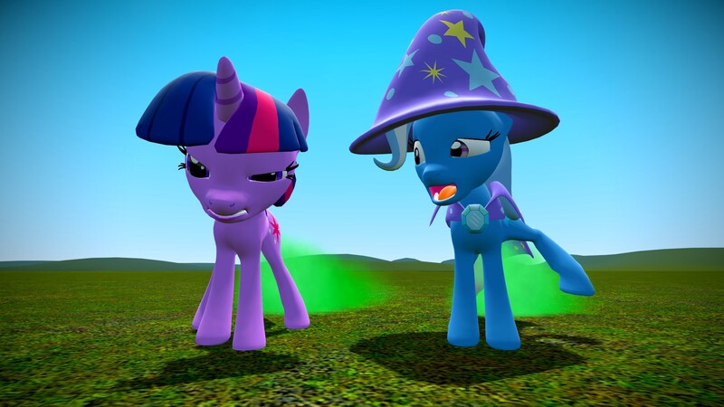 Size: 1920x1080 | Tagged: safe, artist:tacko marceno, derpibooru import, trixie, twilight sparkle, pony, unicorn, 3d, fart, female, gmod, mare, the great and flatulent trixie