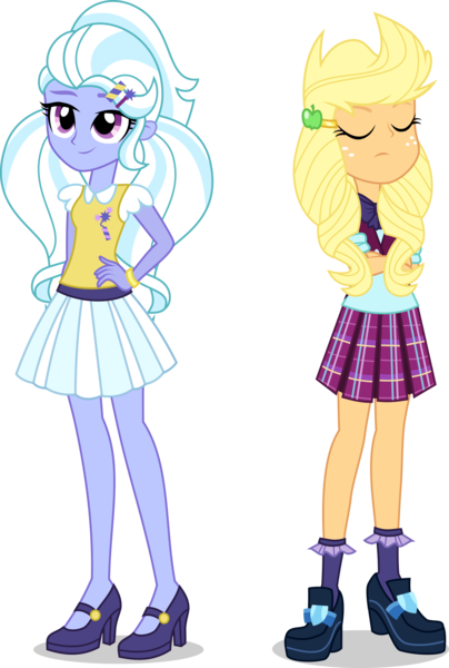 Size: 2804x4167 | Tagged: safe, artist:xebck, derpibooru import, applejack, sugarcoat, equestria girls, friendship games, absurd resolution, alternate hairstyle, alternate universe, bowtie, clothes, crystal prep academy, crystal prep academy uniform, hairclip, high heels, plaid skirt, pleated skirt, role reversal, school uniform, shoes, simple background, skirt, socks, transparent background, vector