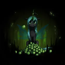 Size: 2000x2000 | Tagged: apple, artist:hieronymuswhite, cave, changeling, changeling queen, derpibooru import, eating, food, looking at you, misleading thumbnail, queen chrysalis, safe, sitting, solo