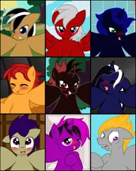 Size: 2387x3000 | Tagged: suggestive, artist:pyruvate, derpibooru import, oc, oc:emby, oc:nether, oc:ryan speedhooves, oc:sergeant sprinkles, oc:shadow spark, oc:snapshot, oc:spades, oc:sunshine stars, oc:zeal heart, unofficial characters only, earth pony, pegasus, pony, unicorn, ahegao, blushing, disgusted, eyes closed, looking at you, male, males only, one eye closed, open mouth, orgasm, spread wings, unamused, wings