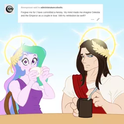 Size: 1280x1280 | Tagged: safe, artist:sanity-x, derpibooru import, princess celestia, equestria girls, ask, blushing, chair, clothes, crossover, crossover shipping, cup, drink, emprahlestia, female, frown, glare, glow, god empress of ponykind, god-emperor of mankind, halo, heresy, looking at you, male, mug, principal celestia, shipping, sitting, straight, this will end in exterminatus, this will end in heresy, toga, tumblr, unamused, warhammer (game), warhammer 40k, wide eyes