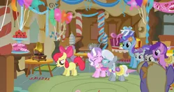 Size: 1050x553 | Tagged: safe, derpibooru import, screencap, amethyst star, apple bloom, diamond mint, diamond tiara, liza doolots, orange blossom, petunia, prim posy, silver spoon, tootsie flute, tornado bolt, earth pony, pony, call of the cutie, background pony, clothes, cuteceañera, dress, female, filly, flower, flower in hair, foal, glasses, gramophone, laughing, party, saddle, skirt, tack, tiara, upset