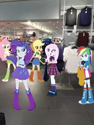 Size: 2448x3264 | Tagged: safe, derpibooru import, applejack, fleur-de-lis, fluttershy, rainbow dash, rarity, equestria girls, boots, clothes, equestria girls in real life, group, high heel boots, mall, shoes