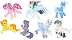 Size: 1280x724 | Tagged: safe, artist:tinuleaf, derpibooru import, maud pie, pinkie pie, spitfire, trixie, oc, oc:punk tank skittles, oc:sunrise brisk, oc:wind chime, earth pony, original species, pegasus, pony, shark pony, unicorn, female, mare, offspring, parent:rainbow dash, parent:soarin', parents:soarindash