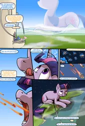 Size: 2000x2933 | Tagged: safe, artist:shieltar, derpibooru import, part of a set, princess celestia, princess luna, twilight sparkle, pony, unicorn, comic:giant twilight, asteroid, comic, dialogue, giant pony, giantess, growth, licking, licking lips, macro, mega twilight sparkle, part of a series, planet, space, stars, tongue out, unicorn twilight