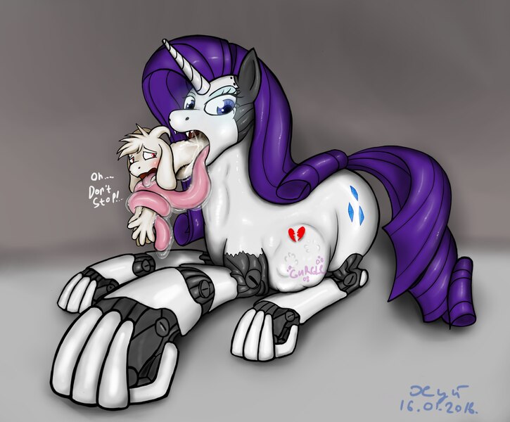 Size: 2560x2118 | Tagged: grimdark, questionable, artist:xyi, derpibooru import, rarity, cyborg, pony, robot, unicorn, asriel dreemurr, belly, context is for the weak, crossover, death, determination, dialogue, digestion, drool, fetish, impossibly long tongue, long tongue, mettaton, mettaton ex, monster, open mouth, raribot, raripred, rariton, size difference, stomach noise, tongue out, undertale, vore, willing vore