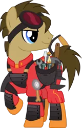 Size: 2500x3898 | Tagged: safe, artist:cheezedoodle96, derpibooru import, doctor whooves, time turner, pony, the cutie re-mark, alternate hairstyle, alternate timeline, armor, clothes, crystal war timeline, engineer, goggles, hair over one eye, hammer, horseshoes, male, pencil, saddle bag, screwdriver, shovel, simple background, solo, speculation, stallion, team fortress 2, tools, transparent background, vector, wrench