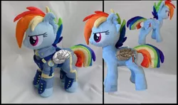 Size: 1144x677 | Tagged: alternate timeline, amputee, apocalypse dash, artist:epicrainbowcrafts, augmented, clothes, crystal war timeline, derpibooru import, irl, photo, plushie, prosthetic limb, prosthetics, prosthetic wing, rainbow dash, safe, scar, solo, the cutie re-mark, torn ear