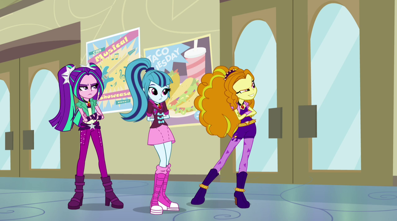 Size: 1280x714 | Tagged: safe, derpibooru import, screencap, adagio dazzle, aria blaze, sonata dusk, equestria girls, rainbow rocks, door, evil grin, hallway, poster, taco tuesday, the dazzlings