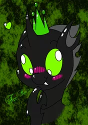 Size: 4320x6147 | Tagged: absurd resolution, adorable face, artist:gh0st, blushing, changeling, crown, cute, derpibooru import, fangs, green changeling, green eyes, heart, oc, oc:icarys, safe, solo, unofficial characters only