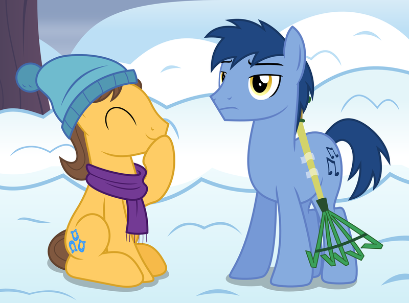 Size: 2698x2000 | Tagged: safe, artist:chainchomp2, derpibooru import, blues, caramel, noteworthy, earth pony, pony, clothes, context is for the weak, cute, giggling, hat, high res, male, rake, scarf, stallion, tape, vector, winter