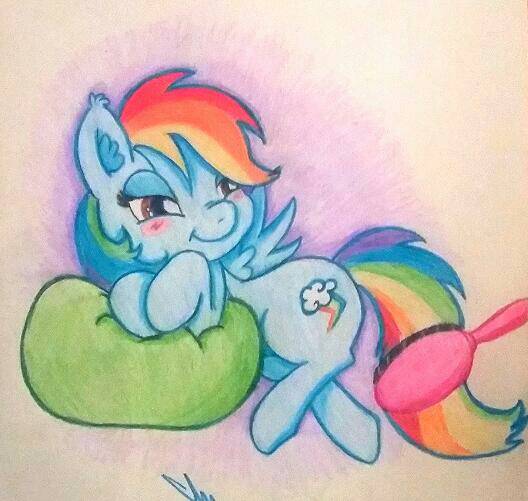 Size: 528x501 | Tagged: artist:gingerthefox, blushing, brush, derpibooru import, rainbow dash, safe, solo, traditional art