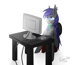 Size: 995x876 | Tagged: safe, artist:potates-chan, derpibooru import, oc, oc:au hasard, unofficial characters only, bat pony, pony, bat pony oc, chair, computer, computer mouse, food, keyboard, monitor, mountain dew, simple background, sitting, slit eyes, solo, transparent background