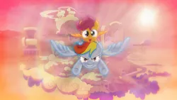 Size: 3840x2160 | Tagged: artist:aelioszero, artist:kysss90, cloudsdale, crying, derpibooru import, edit, flying, lens flare, rainbow, rainbow dash, safe, scootaloo, scootalove, sun, tears of joy, vector, wallpaper, wallpaper edit