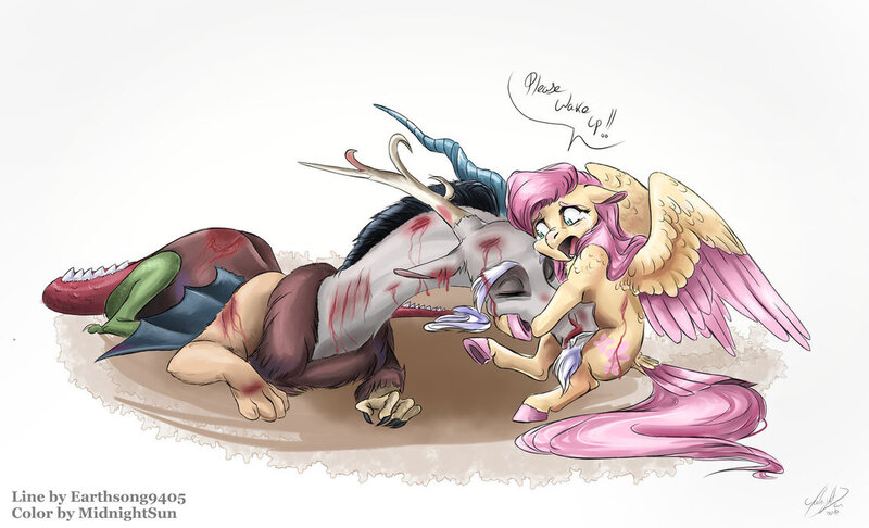 Size: 1147x697 | Tagged: grimdark, artist:earthsong9405, artist:midnightsun, derpibooru import, discord, fluttershy, draconequus, pegasus, pony, begging, blood, bruised, colored hooves, colored wings, colored wingtips, crying, cut, dead, death, dialogue, eyes closed, floppy ears, hug, injured, multicolored wings, open mouth, prone, sad, simple background, story included, unconscious, underhoof, white background, wide eyes