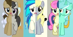 Size: 1413x719 | Tagged: safe, artist:randomfan12, derpibooru import, bon bon, derpy hooves, doctor whooves, lyra heartstrings, octavia melody, sweetie drops, time turner, vinyl scratch, pegasus, pony, background six, female, mare, swapped cutie marks, what my cutie mark is telling me