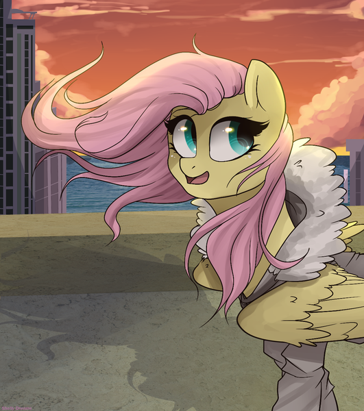 Size: 1024x1158 | Tagged: artist:shellydreams, city, cityscape, clothes, concrete, derpibooru import, evening, fluttershy, jacket, safe, solo, spread wings, standing, windswept mane