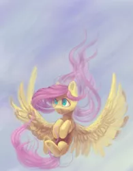 Size: 1271x1627 | Tagged: airborne, artist:amishy, derpibooru import, fluttershy, flying, looking at something, safe, sky, solo, spread wings, windswept hair, windswept mane