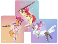 Size: 1280x958 | Tagged: apple bloom, artist:skirtzzz, blade, crossover, cutie mark crusaders, derpibooru import, dressphere, final fantasy, final fantasy x-2, gun, gunner, human, humanized, midriff, part of a set, pony coloring, safe, scootaloo, sweetie belle, sword, thief, warrior, weapon