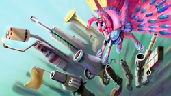 Size: 5760x3240 | Tagged: safe, artist:silfoe, derpibooru import, pinkie pie, alicorn, pony, armor, awesome, element of laughter, elements of harmony, epic, fake gun, female, flamethrower, flugelhorn, glock, gun, mare, partillery, party cannon, peacock feathers, peacock tail, pinkiecorn, race swap, revolver, rifle, solo, team fortress 2, unlimited pinkie works, wallpaper, weapon, xk-class end-of-the-world scenario