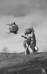 Size: 1276x2020 | Tagged: safe, artist:rublegun, derpibooru import, oc, oc:littlepip, oc:watcher, unofficial characters only, pony, robot, unicorn, fallout equestria, fanfic, clothes, dead tree, eyebot, fanfic art, female, grayscale, gun, hooves, horn, mare, monochrome, open mouth, pipbuck, saddle bag, smiling, solo, teeth, tree, vault suit, wasteland, weapon