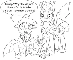 Size: 1280x1061 | Tagged: safe, artist:silfoe, derpibooru import, oc, oc:evening melody, bat pony, pony, royal sketchbook, book, cute, dialogue, family, female, filly, floppy ears, frown, glare, glasses, grayscale, hoof hold, hug, looking at you, monochrome, night guard, open mouth, sad, sitting, speech bubble, spread wings, wide eyes