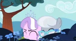 Size: 1090x594 | Tagged: bush, derpibooru import, diamond tiara, flight to the finish, flower, giggling, glasses, grin, hiding, safe, screencap, silver spoon, tiara, tree