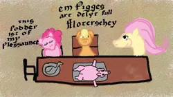 Size: 1200x675 | Tagged: applejack, artist:bonesoup, comic, comic:the tales of canterlot, derpibooru import, fluttershy, middle english, pig, pinkie pie, ponies eating meat, safe, stylistic suck