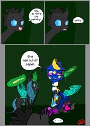 Size: 1000x1400 | Tagged: artist:ryuredwings, changeling, changeling queen, comic, cute, cutealis, derpibooru import, dialogue, female, filly, filly queen chrysalis, foal, nymph, paint, queen chrysalis, safe, silly, younger