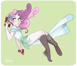 Size: 2500x2135 | Tagged: artist:skirtzzz, crossover, derpibooru import, dressphere, final fantasy, final fantasy x-2, gun, gunner, horned humanization, human, humanized, pony coloring, safe, solo, sweetie belle, weapon