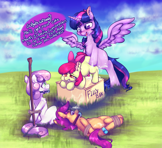 Size: 2253x2057 | Tagged: explicit, grimdark, artist:maplecandies, derpibooru import, apple bloom, scootaloo, sweetie belle, twilight sparkle, twilight sparkle (alicorn), alicorn, pony, afterrape, aftersex, arm behind back, ballgag, bedroom eyes, bloomsub, blushing, bondage, bound, cloud, creampie, crying, cum, cum dump, cumming, cutie mark crusaders, dialogue, dildo, doggy style, drool, ear fluff, female, floppy ears, fluffy, foalcon, from behind, futa, futa on female, futa twilight sparkle, gag, grass, heart eyes, high res, image, imminent rape, implied rape, insertion, intersex, lip bite, nudity, open mouth, penis, png, rape, rope, scootasub, sex, sex toy, side, smiling, spread wings, sweetiesub, twilight is a foal fiddler, twilight sparkle raping apple bloom, twilight sparkle raping scootaloo, twilight sparkle raping sweetie belle, vaginal insertion, vaginal secretions, wingboner, wingding eyes