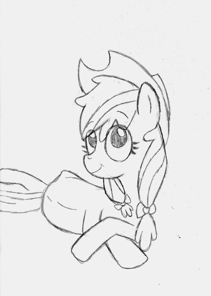 Size: 950x1329 | Tagged: apple bloom, artist:kattmage, bow, derpibooru import, hair bow, hat, monochrome, older, prone, safe, sketch, solo, traditional art