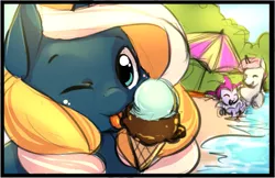 Size: 1075x697 | Tagged: safe, artist:starshinebeast, derpibooru import, oc, oc:intrepid charm, oc:tidal charm, oc:trail, unofficial characters only, aquapony, pony, unicorn, vaporeon, beach, cute, female, filly, foal, food, ice cream, licking, pokémon, seaunicorn, solo, tongue out