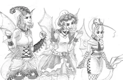 Size: 1691x1104 | Tagged: safe, artist:madness-with-reason, derpibooru import, adagio dazzle, aria blaze, sonata dusk, equestria girls, horns, monochrome, redesign, redraw, the dazzlings, wip