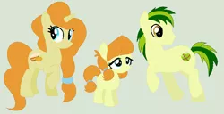 Size: 888x456 | Tagged: safe, artist:deppressedunicorn, derpibooru import, apple bud, pumpkin cake, oc, oc:pumpkin pie, family, female, male, offspring, older, parent:apple bud, parent:pumpkin cake, shipping, straight