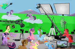 Size: 2860x1864 | Tagged: safe, artist:oinktweetstudios, derpibooru import, fluttershy, rainbow dash, spike, starlight glimmer, twilight sparkle, twilight sparkle (alicorn), oc, alicorn, pony, the cutie re-mark, animated actors, behind the scenes, boom mic, camera, clapperboard, computer, fan, female, filly, filly fluttershy, filly rainbow dash, green screen, hair dye, mare, microphone, stunt double