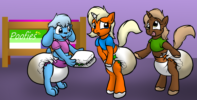 Size: 2000x1014 | Tagged: questionable, artist:pidgopidgey, derpibooru import, oc, oc:dreamsicle, oc:moonshine, oc:pembroke, unofficial characters only, pony, rabbit, semi-anthro, accident, bipedal, cute, diaper, diaper fetish, furry, messy diaper, poofy diaper, poop, scat