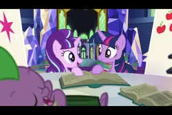 Size: 960x640 | Tagged: safe, derpibooru import, screencap, spike, starlight glimmer, twilight sparkle, twilight sparkle (alicorn), alicorn, pony, the cutie re-mark, book, castle, female, library, mare, s5 starlight, sleeping, smiling