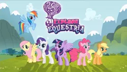 Size: 687x387 | Tagged: safe, derpibooru import, screencap, applejack, fluttershy, pinkie pie, rainbow dash, rarity, twilight sparkle, twilight sparkle (alicorn), alicorn, pony, commercial, explore equestria, female, mane six, mare, raised hoof, title card, toy