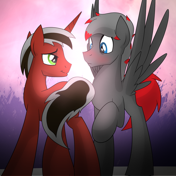 Size: 1400x1400 | Tagged: suggestive, artist:drawponies, derpibooru import, oc, oc:brimstone, oc:phantom, unofficial characters only, pony, blushing, cute, gay, male, red and black oc, shipping, stallion, wingboner